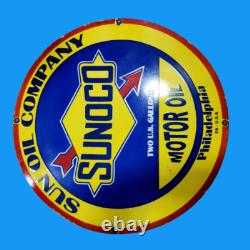 Panneau émaillé d'huile moteur Sunoco en porcelaine taille 30x30 pouces double face