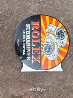 Panneau en émail rare en porcelaine Rolex de 24x24 pouces double face avec flèche