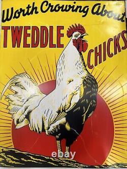 Panneau en fer-blanc Vintage TWEDDLE CHICKS FEED Original Rare Coq Double Face WOW