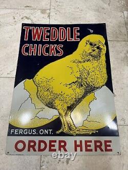 Panneau en fer-blanc Vintage TWEDDLE CHICKS FEED Original Rare Coq Double Face WOW