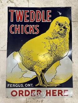 Panneau en fer-blanc Vintage TWEDDLE CHICKS FEED Original Rare Coq Double Face WOW