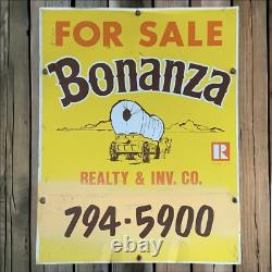 Panneau en métal double face de Bonanza Realty des années 1950, publicité immobilière 28x22