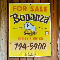 Panneau en métal double face de Bonanza Realty des années 1950, publicité immobilière 28x22