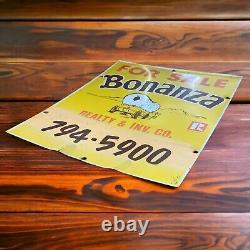 Panneau en métal double face de Bonanza Realty des années 1950, publicité immobilière 28x22