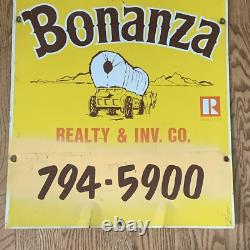 Panneau en métal double face de Bonanza Realty des années 1950, publicité immobilière 28x22