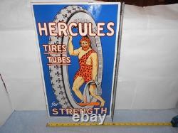 Panneau en métal émaillé d'essence et d'huile Vintage Hercules Tires & Tubes 20, avec rebord
