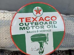 Panneau en porcelaine Vintage Texaco '30 Outboard Boat Motor Oil' à double face pour la vente d'essence.