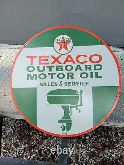 Panneau en porcelaine Vintage Texaco '30 Outboard Boat Motor Oil' à double face pour la vente d'essence.
