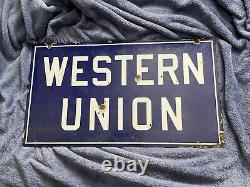 Panneau en porcelaine double face d'origine Vintage Western Union des années 1950