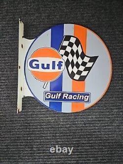 Panneau en porcelaine double face de course de gaz vintage Gulf Gasoline avec flasque