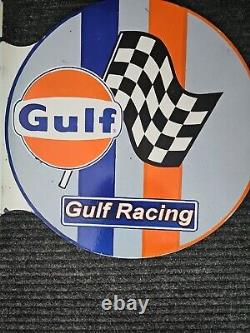 Panneau en porcelaine double face de course de gaz vintage Gulf Gasoline avec flasque