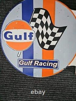 Panneau en porcelaine double face de course de gaz vintage Gulf Gasoline avec flasque