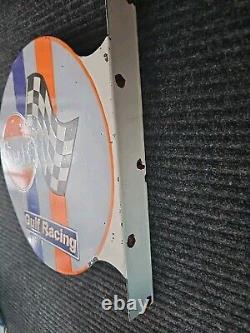 Panneau en porcelaine double face de course de gaz vintage Gulf Gasoline avec flasque