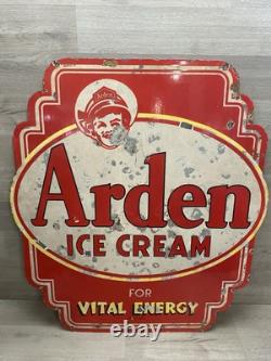 Panneau en porcelaine double face de soda fountain C. 1933 Arden Ice Cream vintage rare