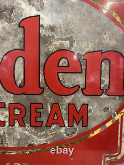 Panneau en porcelaine double face de soda fountain C. 1933 Arden Ice Cream vintage rare
