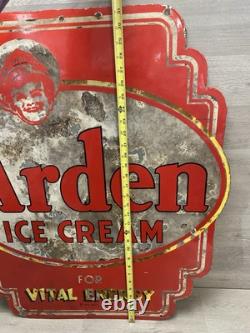 Panneau en porcelaine double face de soda fountain C. 1933 Arden Ice Cream vintage rare