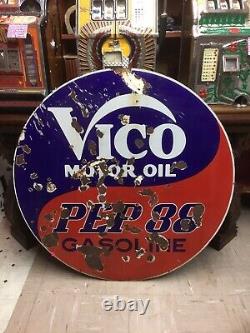 Panneau en porcelaine double face ultra rare des années 1930-40 Vico Pep88 Gasoline de 42 pouces