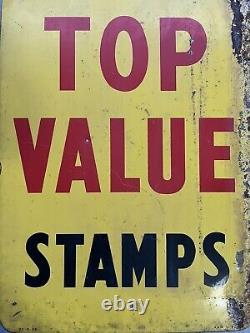 Panneau métallique double face Top Value Stamps. Environ 28 x 20.
