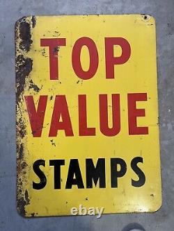 Panneau métallique double face Top Value Stamps. Environ 28 x 20.