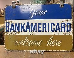 Panneau métallique double face d'origine vintage de 1959 - Votre carte bancaire AMERICARD est la bienvenue ici.