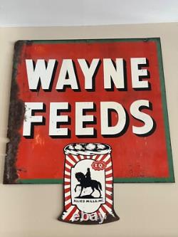 Panneau publicitaire double face Wayne Feeds original vintage de 1949