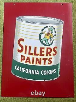 Panneau publicitaire en métal lourd double face des années 1940 pour la peinture SILLERS CALIFORNIA COLORS