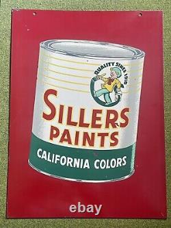 Panneau publicitaire en métal lourd double face des années 1940 pour la peinture SILLERS CALIFORNIA COLORS
