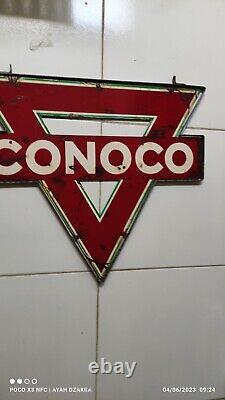 Panneau triangulaire en porcelaine vintage Conoco DOUBLE FACE