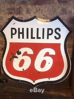 Phillips 66 Porcelain Publicitaire Double Face Signal Gaz Rare Station Oil Vintage