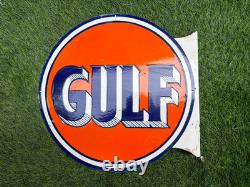 Plaque publicitaire Gulf émaillée de 18 pouces, double face avec bride de fixation