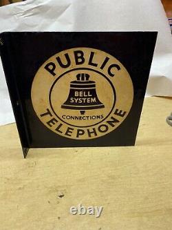Porcelaine Bell System Public Telephone Double Sided Flanged Sign 11 X 11