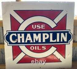 RARE enseigne en porcelaine originale vintage Champlin Oil à double face, 47,5 x 47,5