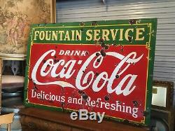 Rare. 1933 Coca Cola Double Sided Fountian Service En Porcelaine Sign. Taille Énorme