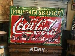 Rare. 1933 Coca Cola Double Sided Fountian Service En Porcelaine Sign. Taille Énorme