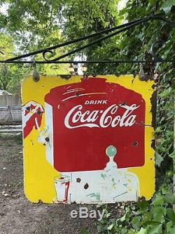 Rare 1940 Originale À Double Face Soda Porcelaine Coca Cola Fontaine Hanger Signe