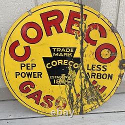 Rare Original Coreco Gasoline Double Sided Porcelain Sign Gas Oil Advertising<br/><br/>Traduction en français : <br/>Rare Original Coreco Gasoline Double Face Enseigne en Porcelaine Publicité de Gaz et d'Huile