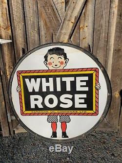 Rare Signe De Porcelaine Essence Rose Blanche De 48 Pouces. Double Face. Canadien