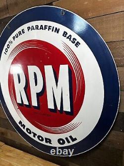 Rare Vintage Double Sided RPM Motor Oil/Gas Porcelain Sign<br/>
 Signe en porcelaine rare vintage à double face RPM Motor Oil/Gas