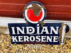 Rare Vintage Original Indien Kerosene Porcelaine Émail Double Sided Flange Signe