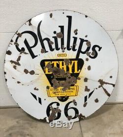 Rare Vintage Original Phillips 66 Ethyl Porcelaine 30 Signe Double Face Huile Gaz