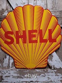 Rare Vintage Shell Porcelain 30 Double Sided Sign Us Gas Station Service Garage	<br/> 	  <br/>Signe double face rare en porcelaine vintage de Shell de 30 pouces pour station-service et garage aux États-Unis