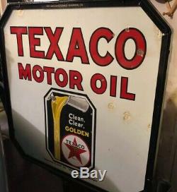 Rare Vintage Sign De Double Face Curb Texaco Gasoline Porcelain Avec Support
