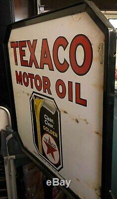 Rare Vintage Sign De Double Face Curb Texaco Gasoline Porcelain Avec Support
