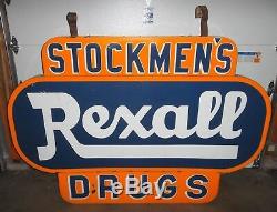 Signe Extérieur En Porcelaine À Double Face Pour Médicaments Stockmens Rexall Drugs 88w X 61t