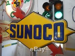 Signe Station D'huile Vintage Sunoco Illuminer Antique Double Dégrossi Signe De Travail
