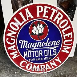 Société pétrolière MAGNOLIA, enseigne en porcelaine double face pour les huiles moteur Magnolene 42