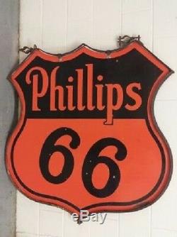 Super Propre! Bague Originale À Double Face 48 Phillips 66 Oil Gas Porcelain Sign