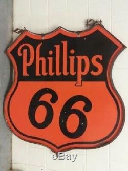 Super Propre! Bague Originale À Double Face 48 Phillips 66 Oil Gas Porcelain Sign