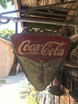 Très Rare Signe En Métal Double Face Suspendu Triangle De Coca-cola 1937