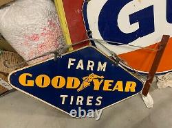 Vintage 1951 Porcelaine Double Sided Goodyear Farm Pneus Signe Gas Oil Feed Cola